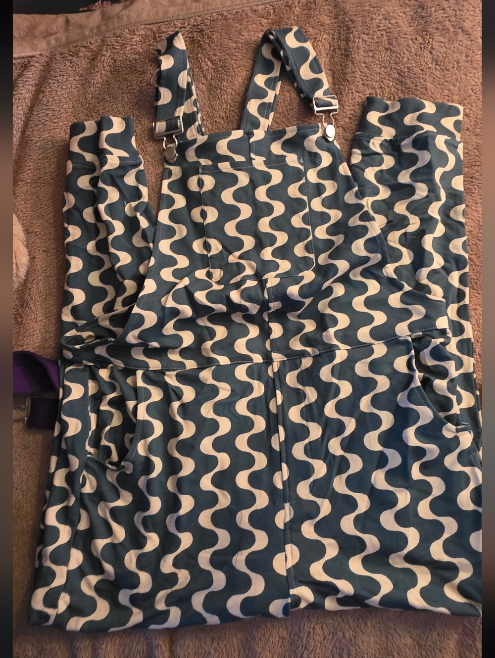 Women’s Blue and Cream Patterned Jean Overalls